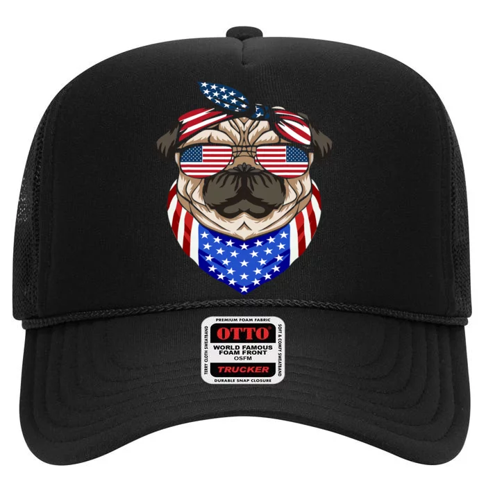 Patriotic Pug 4th Of July Cute Dog American Flag Sunglasses High Crown Mesh Trucker Hat