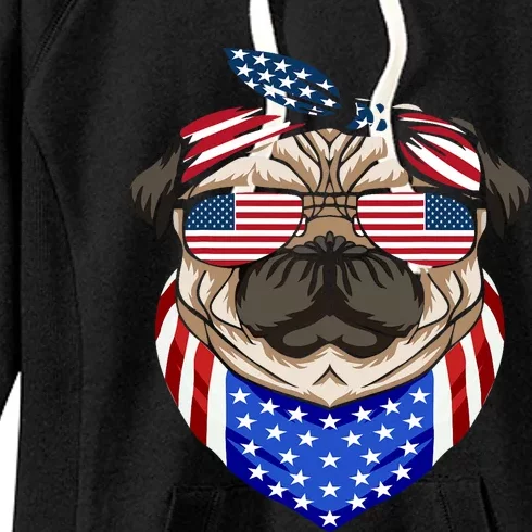 Patriotic Pug 4th Of July Cute Dog American Flag Sunglasses Women's Fleece Hoodie