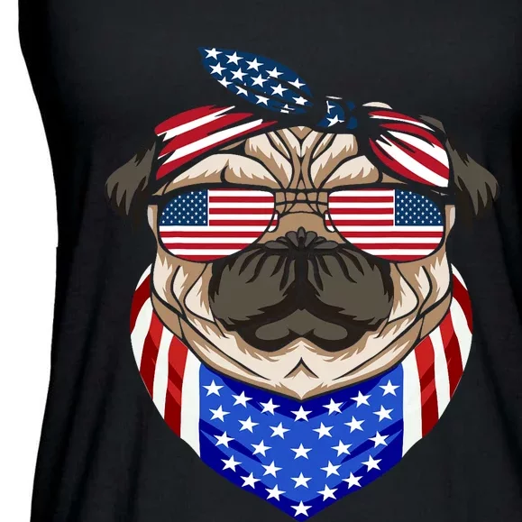 Patriotic Pug 4th Of July Cute Dog American Flag Sunglasses Ladies Essential Flowy Tank