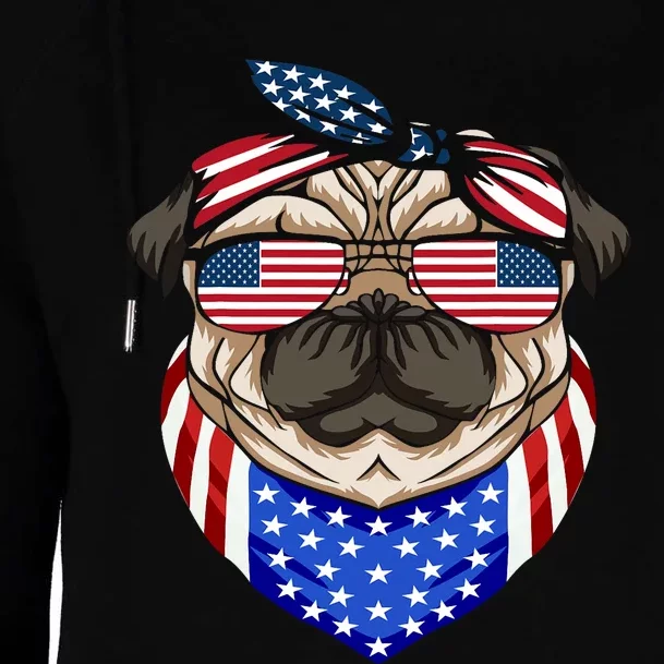 Patriotic Pug 4th Of July Cute Dog American Flag Sunglasses Womens Funnel Neck Pullover Hood