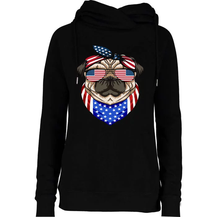 Patriotic Pug 4th Of July Cute Dog American Flag Sunglasses Womens Funnel Neck Pullover Hood