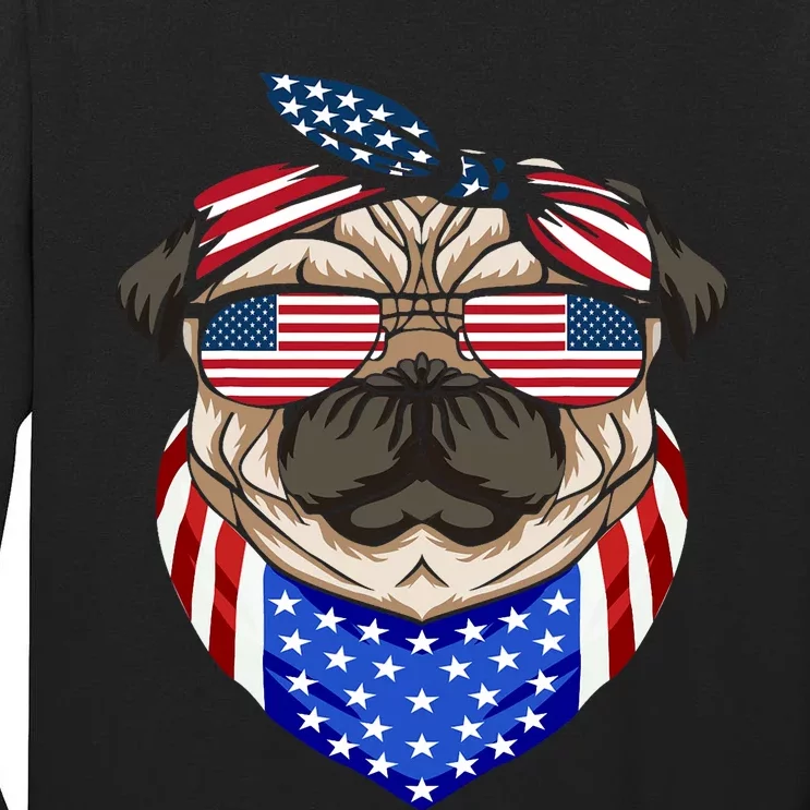 Patriotic Pug 4th Of July Cute Dog American Flag Sunglasses Tall Long Sleeve T-Shirt