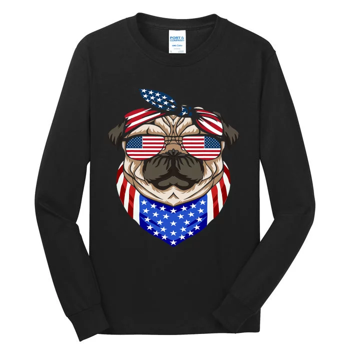 Patriotic Pug 4th Of July Cute Dog American Flag Sunglasses Tall Long Sleeve T-Shirt