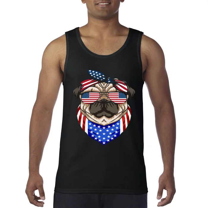 Patriotic Pug 4th Of July Cute Dog American Flag Sunglasses Tank Top