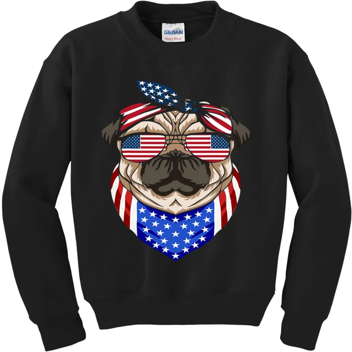 Patriotic Pug 4th Of July Cute Dog American Flag Sunglasses Kids Sweatshirt