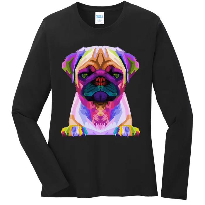 Pug Pop Art Colorful Portrait Carlino for Dog Lovers Ladies Long Sleeve Shirt