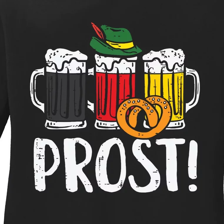 Prost Pretzel Bavarian Beers German Oktoberfest Ladies Long Sleeve Shirt