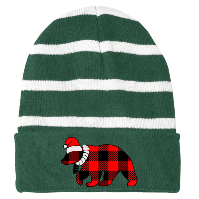 Plaid Polar Bear Christmas Holiday Striped Beanie with Solid Band