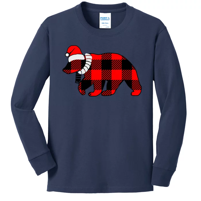 Plaid Polar Bear Christmas Holiday Kids Long Sleeve Shirt