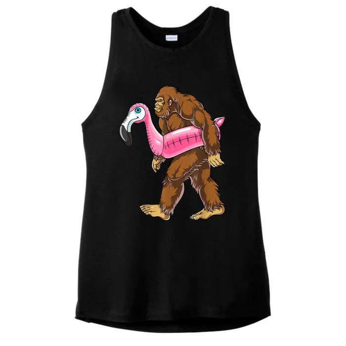 Pool Party Bigfoot Flamingo Sasquatch Pink Float Ladies Tri-Blend Wicking Tank