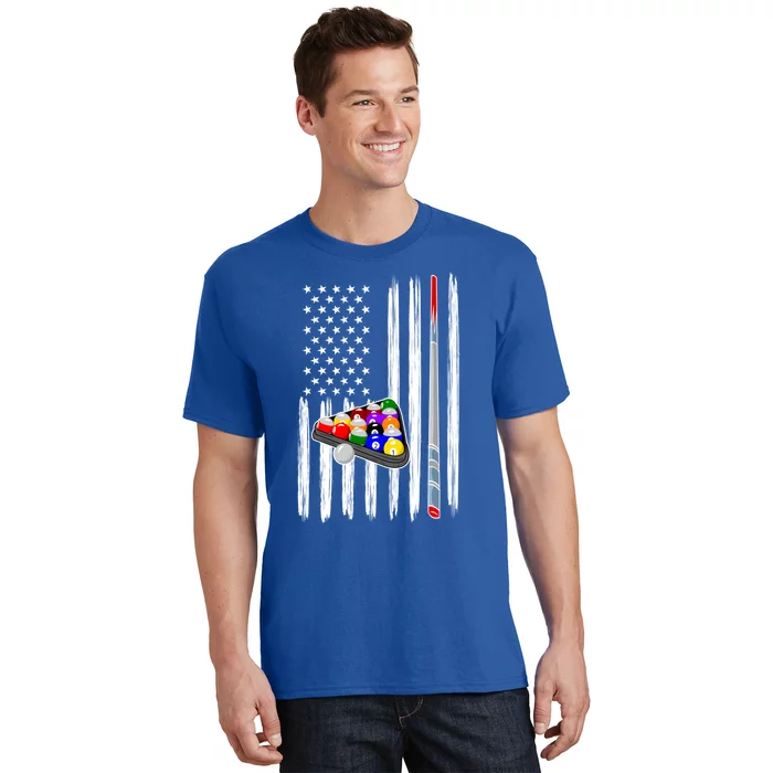 Pool Player Billiards Cue Balls Distressed American Flag Cute Gift T-Shirt