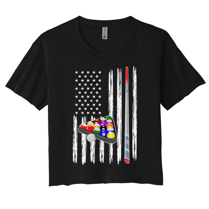 Pool Player Billiards Cue Balls Distressed American Flag Women's Crop Top Tee