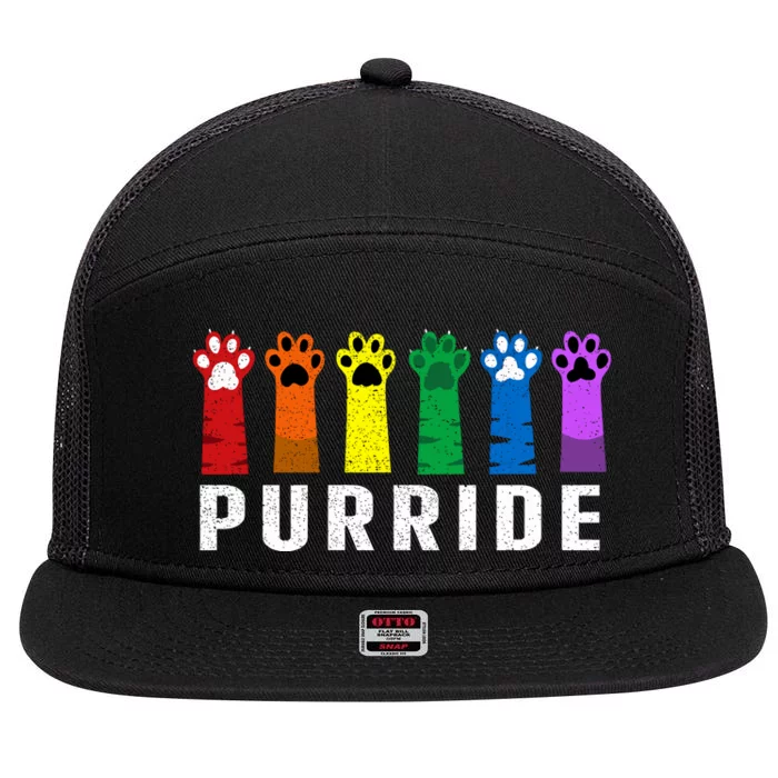 Purride Paw Cat Lgbt Gay Les Pride Rainbow Vintage Cute 7 Panel Mesh Trucker Snapback Hat