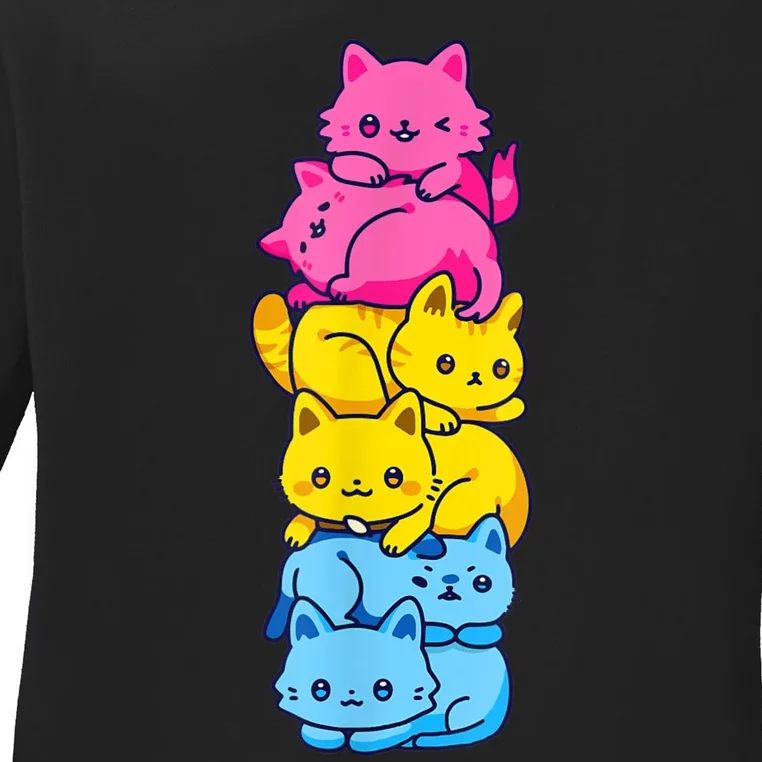 Pansexual Pride Cat LGBT Pan Flag Nonbinary Cute Cats Pile Ladies Long Sleeve Shirt