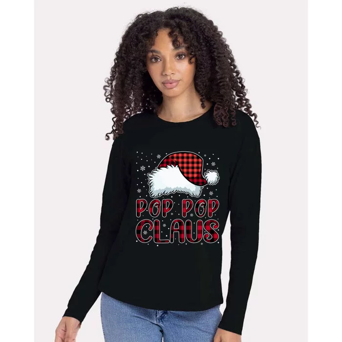 Pop Pop Claus Merry Christmas Buffalo Plaid Red Santa Hat Gift Womens Cotton Relaxed Long Sleeve T-Shirt