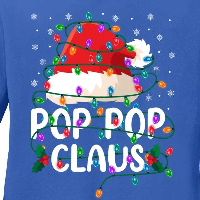 Pop Pop Claus Santa Hat And Christmas Lights Xmas Pajama Funny Gift Ladies Long Sleeve Shirt