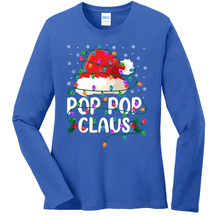 Pop Pop Claus Santa Hat And Christmas Lights Xmas Pajama Funny Gift Ladies Long Sleeve Shirt