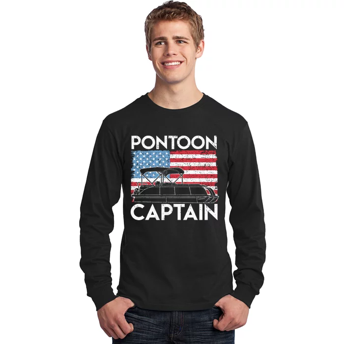 Patriotic Pontoon Captain Us American Flag Funny Boat Owner Long Sleeve Shirt