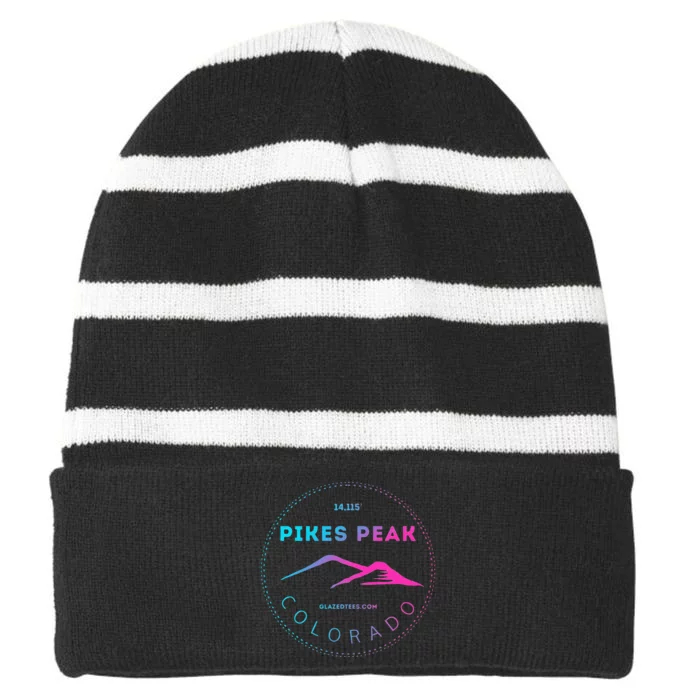 Pikes Peak Colorado Retro Mountain Adventure Striped Beanie with Solid Band