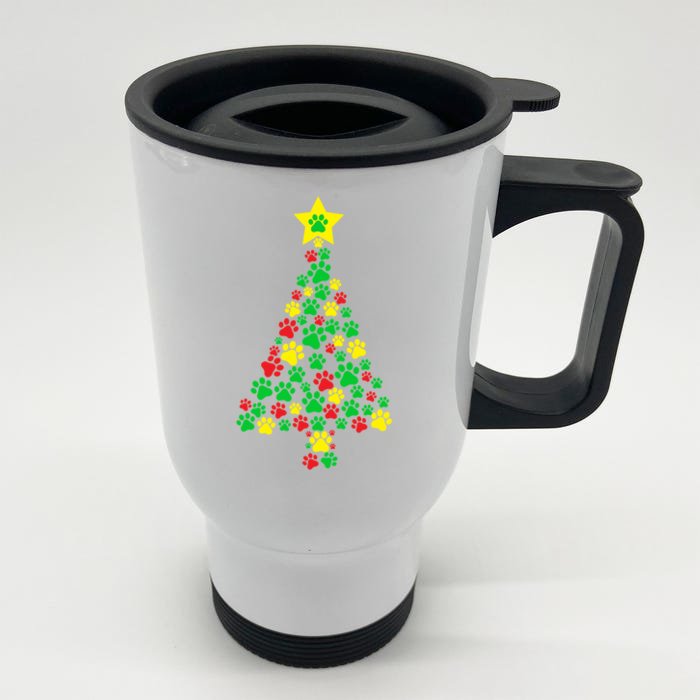 Paw Printed Christmas Tree Dog Puppies Cute Xmas Holiday Gift Front & Back Stainless Steel Travel Mug