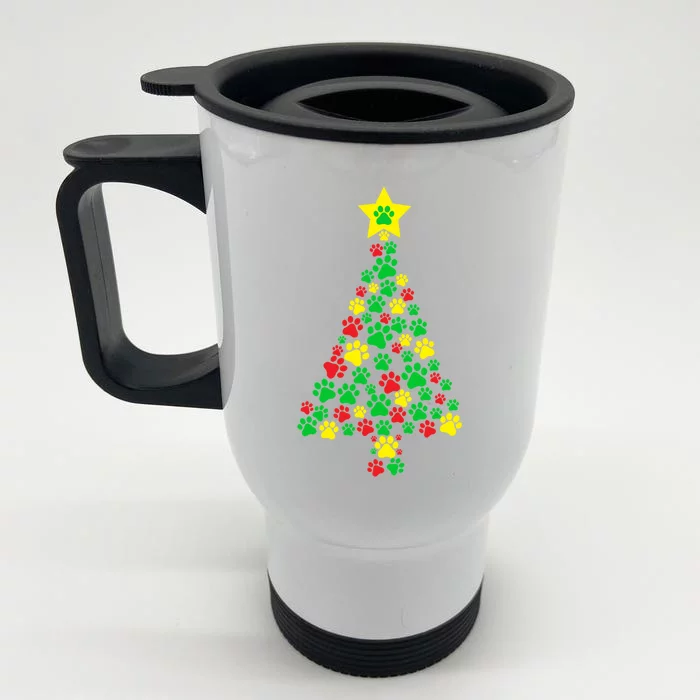 Paw Printed Christmas Tree Dog Puppies Cute Xmas Holiday Gift Front & Back Stainless Steel Travel Mug