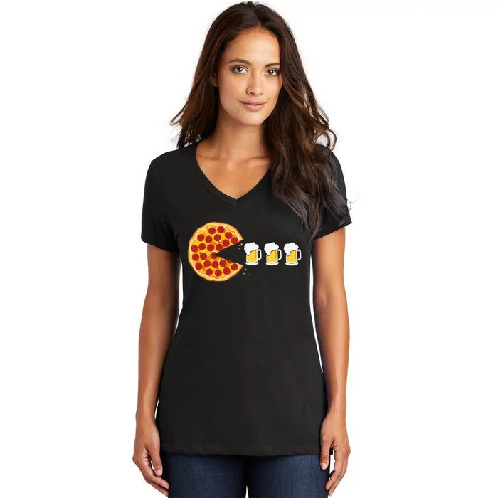 Pepperoni Pizza Chomping Draft Beer Funny Pizza Foodie Women's V-Neck T-Shirt