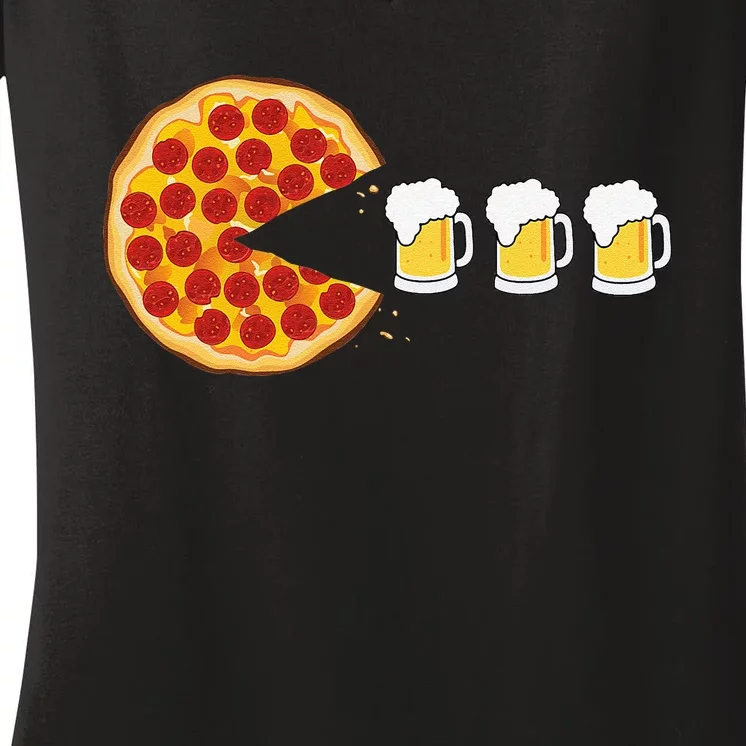 Pepperoni Pizza Chomping Draft Beer Funny Pizza Foodie Women's V-Neck T-Shirt