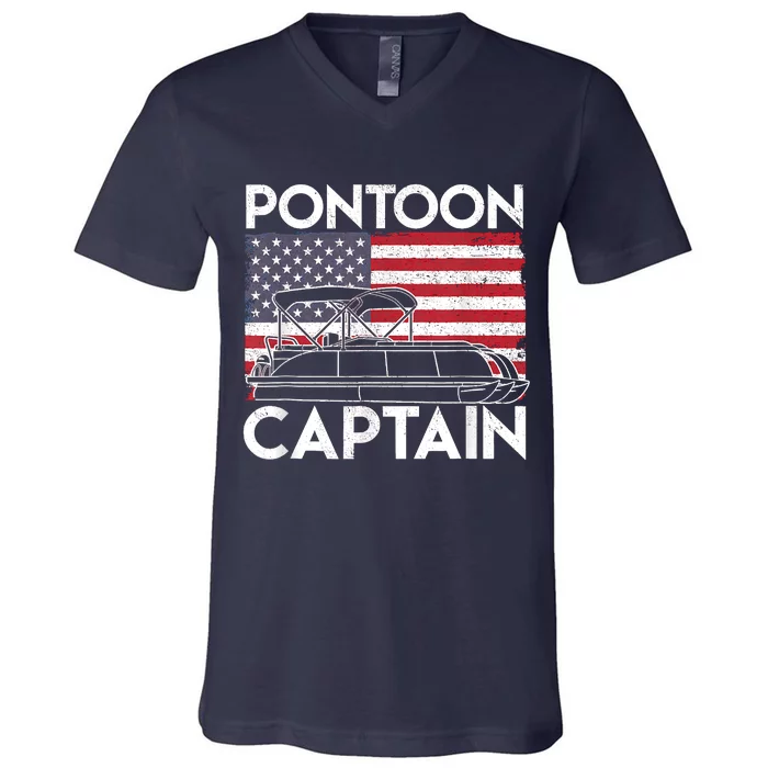 Patriotic Pontoon Captain Us American Flag Funny Boat Owner V-Neck T-Shirt