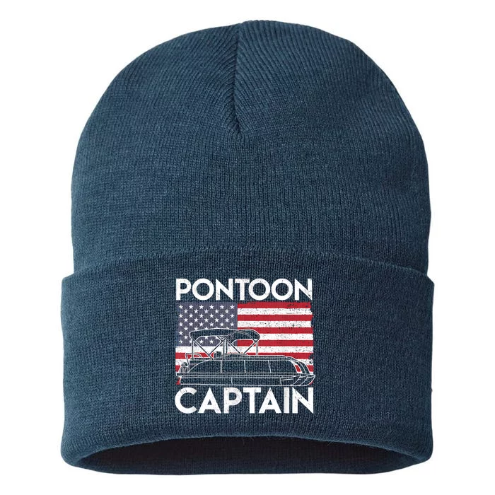 Patriotic Pontoon Captain Us American Flag Funny Boat Owner Sustainable Knit Beanie