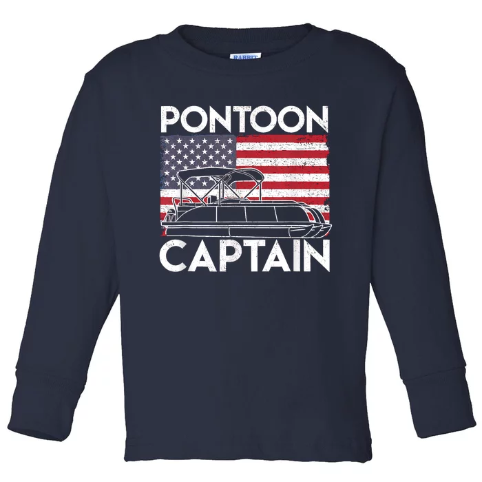 Patriotic Pontoon Captain Us American Flag Funny Boat Owner Toddler Long Sleeve Shirt