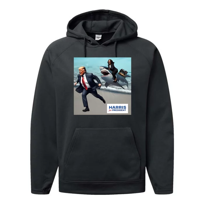 Political Poet Donald Trump And Kalama Harris Riding A Shark Performance Fleece Hoodie