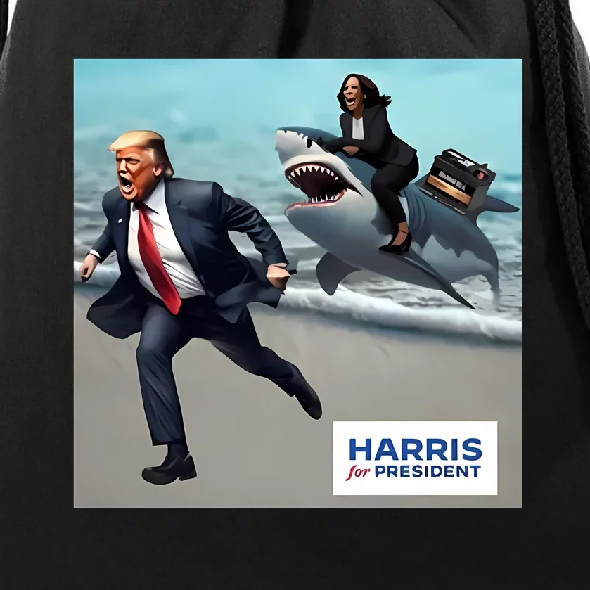 Political Poet Donald Trump And Kalama Harris Riding A Shark Drawstring Bag