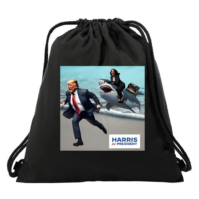 Political Poet Donald Trump And Kalama Harris Riding A Shark Drawstring Bag