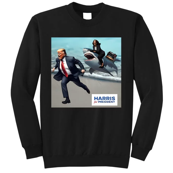 Political Poet Donald Trump And Kalama Harris Riding A Shark Tall Sweatshirt