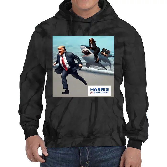 Political Poet Donald Trump And Kalama Harris Riding A Shark Tie Dye Hoodie