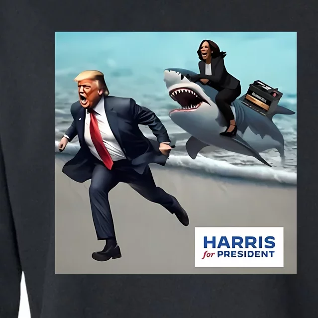 Political Poet Donald Trump And Kalama Harris Riding A Shark Cropped Pullover Crew