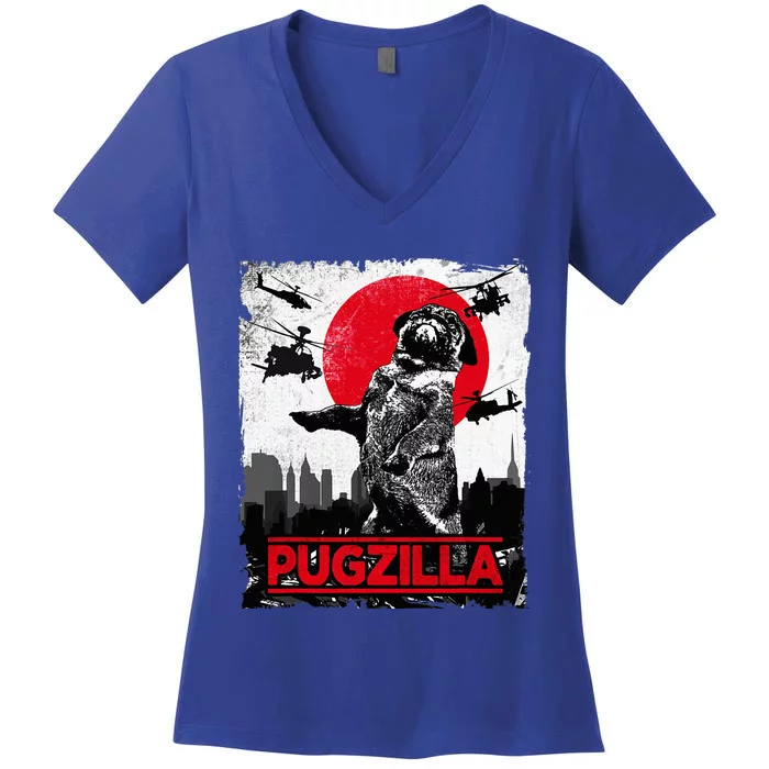 Pugzilla Pug Dog Women's V-Neck T-Shirt