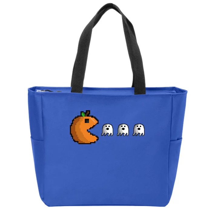 Pixel Pumpkin Eating Ghosts Cute Gamer Halloween Gift Zip Tote Bag