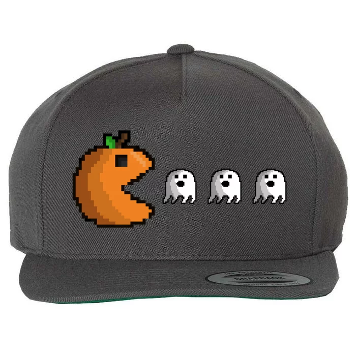 Pixel Pumpkin Eating Ghosts Cute Gamer Halloween Gift Wool Snapback Cap