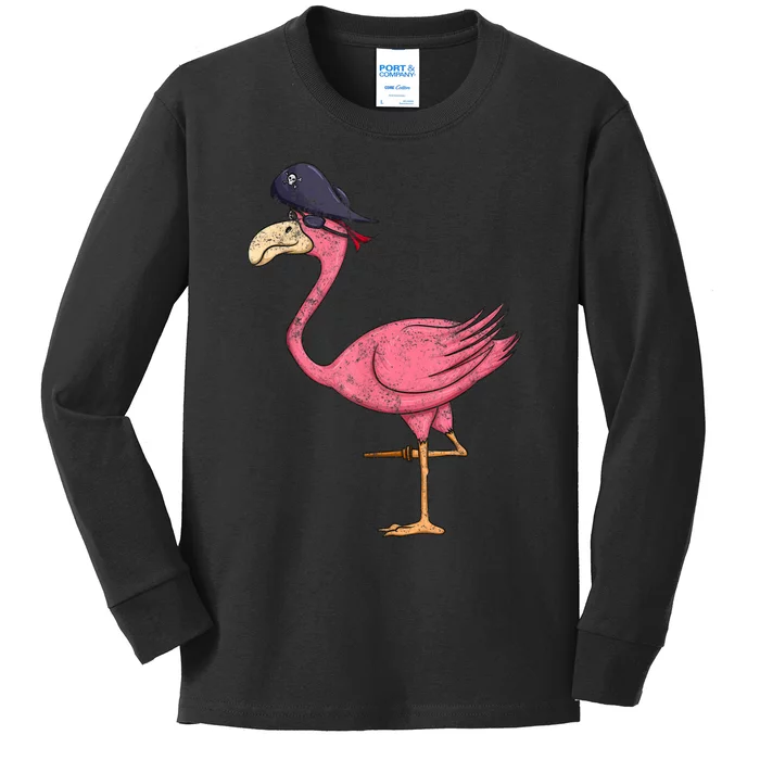 Pirate Pink Flamingo With Eyepatch Halloween Kids Long Sleeve Shirt