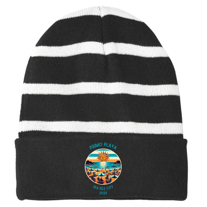 Primo Playa Fun Beach Scene Striped Beanie with Solid Band