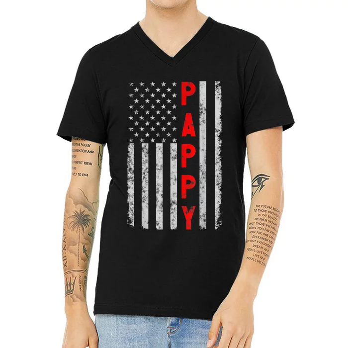 Pappy Patriotic Funny Fathers Day Vintage American Flag V-Neck T-Shirt