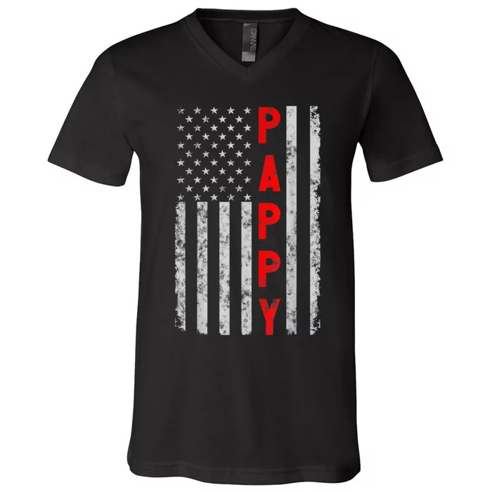 Pappy Patriotic Funny Fathers Day Vintage American Flag V-Neck T-Shirt