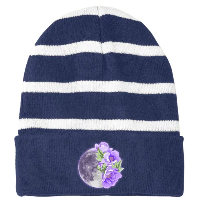 Purple Peonies Flowers Full Moon Striped Beanie with Solid Band