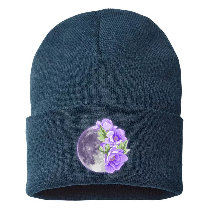 Purple Peonies Flowers Full Moon Sustainable Knit Beanie