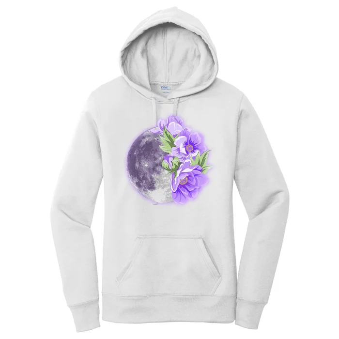 Purple Peonies Flowers Full Moon Women's Pullover Hoodie