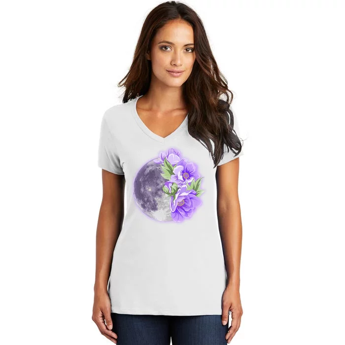 Purple Peonies Flowers Full Moon Women's V-Neck T-Shirt