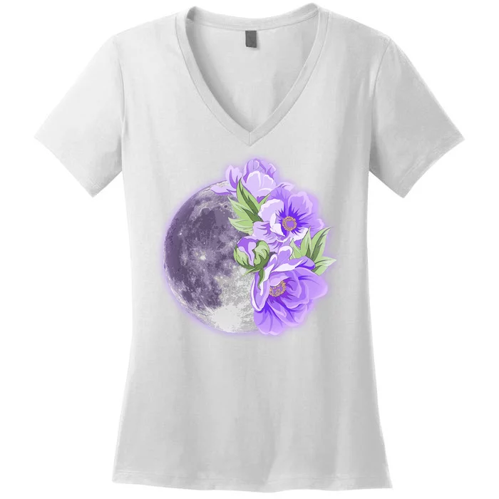 Purple Peonies Flowers Full Moon Women's V-Neck T-Shirt