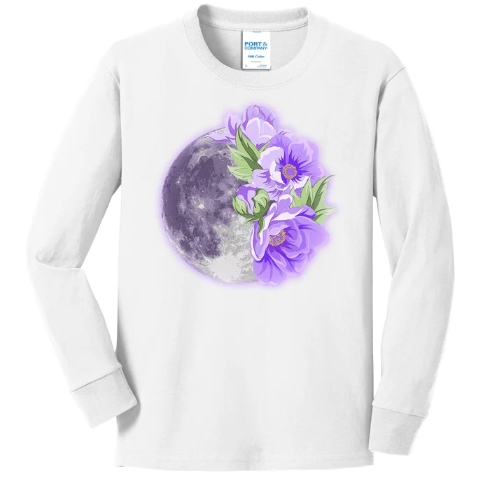 Purple Peonies Flowers Full Moon Kids Long Sleeve Shirt