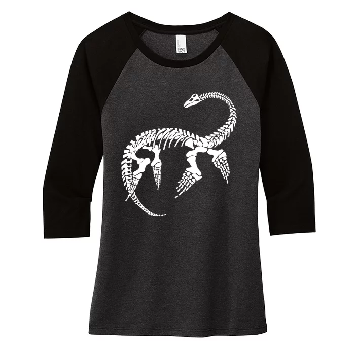 Plesiosaurus Prehistoric Fossil Skeleton (White Logo Design) Women's Tri-Blend 3/4-Sleeve Raglan Shirt